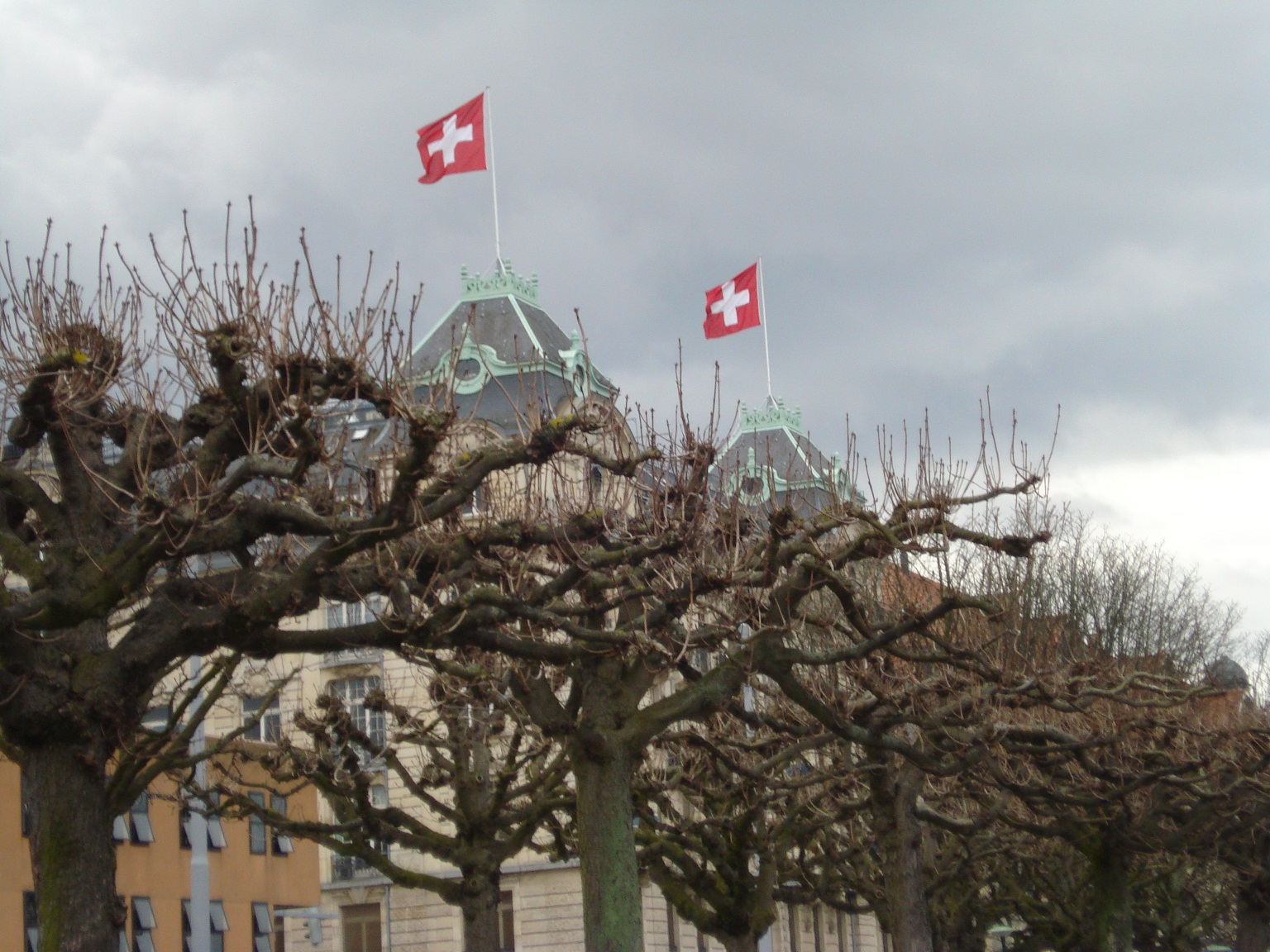 около озера Цюриха, швейцарские флаги, русский гид по Цюриху Полина Шмит